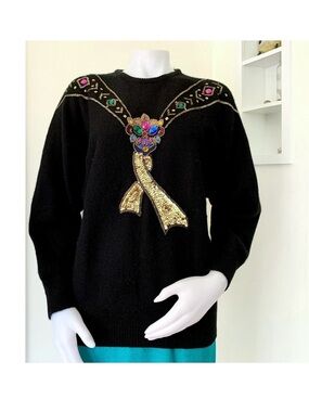 1990s colorful sparkle gold sequins batwing party festive black sweater